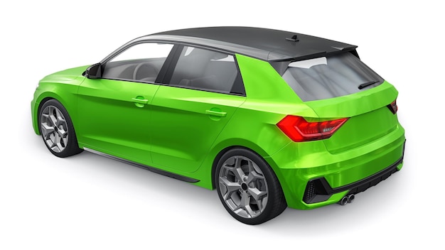Coche premium urbano compacto en un hatchback verde sobre un fondo blanco aislado ilustración 3d