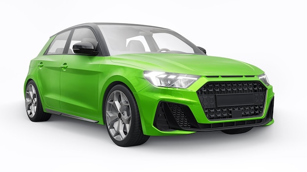 Coche premium urbano compacto en un hatchback verde sobre un fondo blanco aislado ilustración 3d