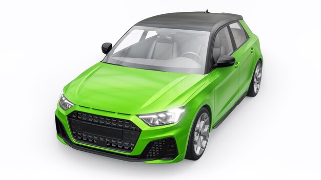 Coche premium urbano compacto en un hatchback verde sobre un fondo blanco aislado ilustración 3d