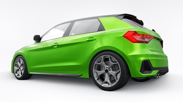 Coche premium urbano compacto en un hatchback verde sobre un fondo blanco aislado ilustración 3d