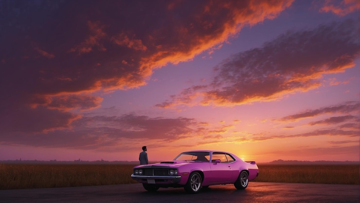 un coche púrpura con un cuerpo púrpura está conduciendo en una carretera con una puesta de sol en el fondo