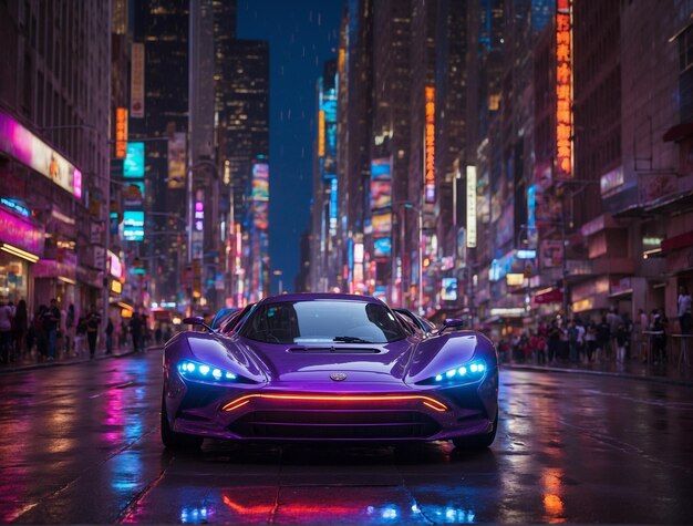 un coche púrpura con las luces encendidas y el número 5 en la parte trasera está conduciendo por una calle