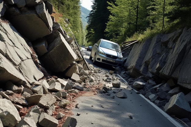 Foto un coche que está atrapado en una pila de rocas