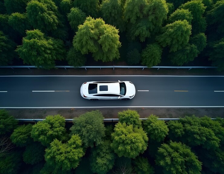 un coche que está en la carretera con un coche blanco en la parte superior