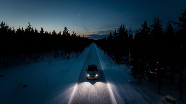 un coche que está conduciendo por un camino nevado con los faros encendidos