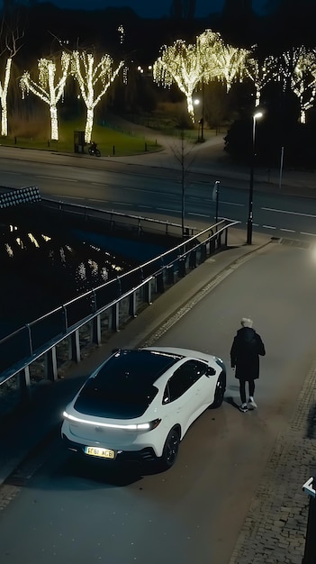 un coche que está estacionado en la calle con una persona de pie a su lado