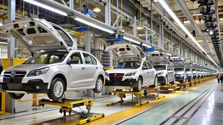 un coche que está en una fábrica con otros coches