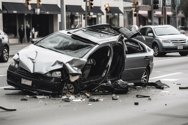 Un coche que ha sido aplastado frente a una tienda.