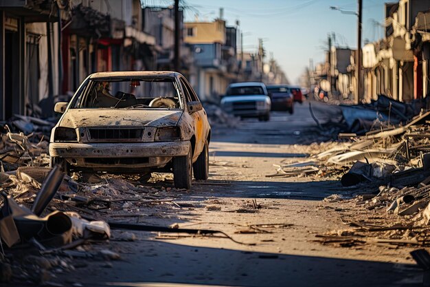 Foto un coche que está sentado en el medio de una calle con escombros por todas partes y coches estacionados en el lado de la carretera