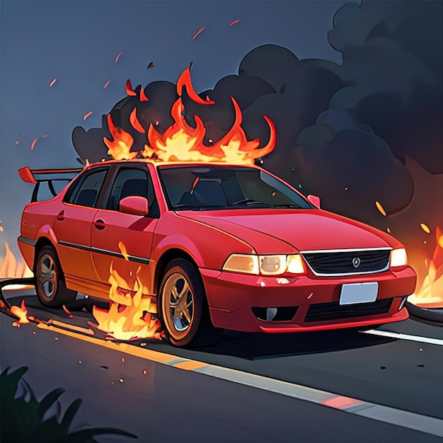 El coche se quema grandes problemas para el seguro linda ilustración simple estilo anime