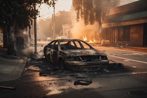 Coche quemado en medio de la calle rodeado de escombros y humo creado con ai generativo