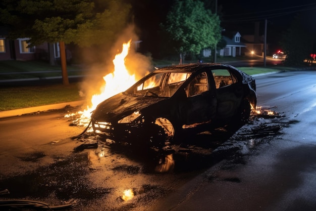 Coche quemado en la noche