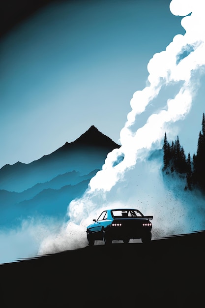 Coche de rally de arte digital sobre fondo de montaña azul