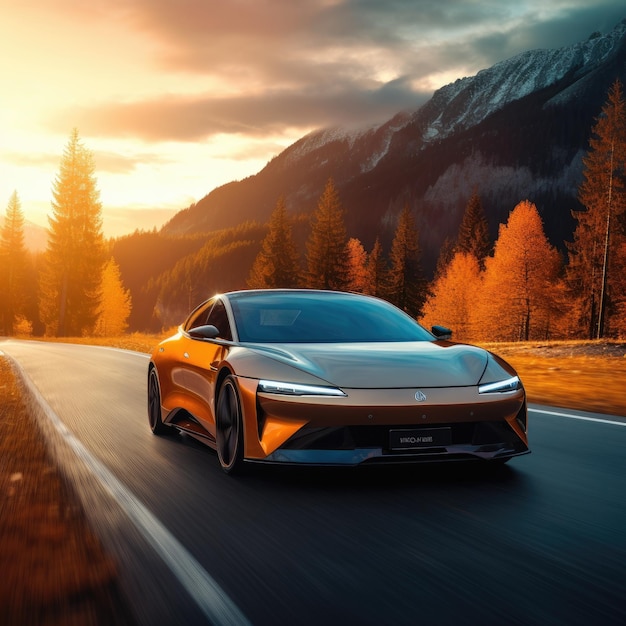 coche rápido moderno en la carretera en la naturaleza en las montañas ai generativo