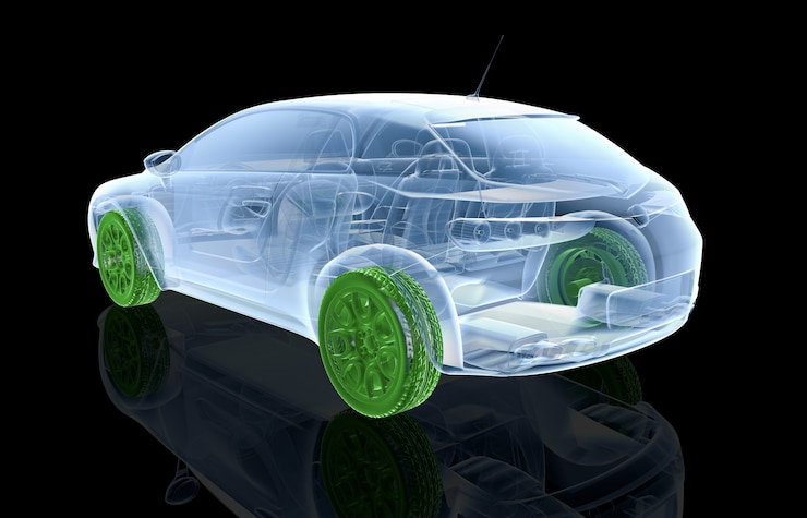 Foto coche de rayos x con ruedas verdes.