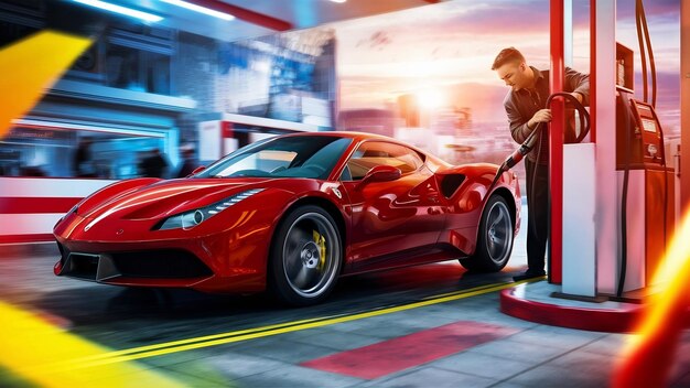Coche de reabastecimiento de combustible con coche de reabstecimiento de gasolina en la estación de repostaje