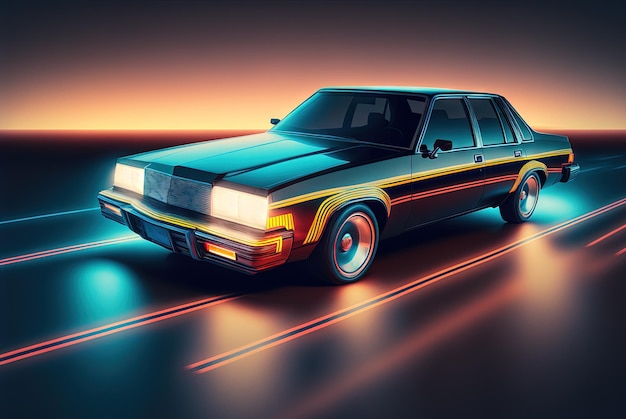 Coche retro abstracto estilo años 80 Diseño automotriz vintage en luces de neón AI generado