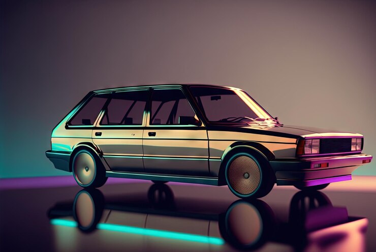 Foto coche retro abstracto estilo años 80 diseño automotriz vintage con luces de neón ia generada