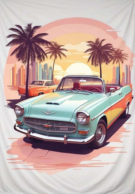 Foto coche retro de los años sesenta en el fondo de las palmeras y la foto de la ciudad en la ropa