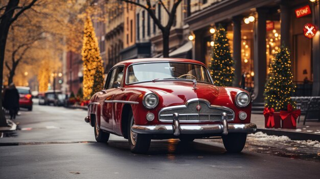 Un coche retro con un árbol de Navidad en la parte superior está conduciendo por la calle