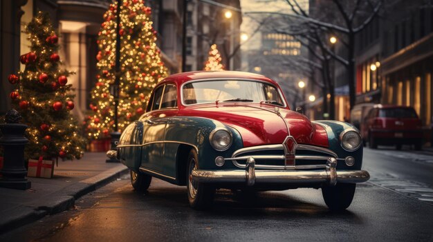 Un coche retro con un árbol de Navidad en la parte superior está conduciendo por la calle