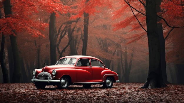 Coche retro en el bosque de otoño con hojas rojas