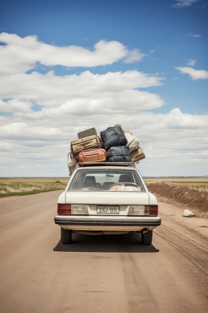 Foto coche retro con equipaje en el techo coche en la carretera con muchas maletas en el tejado