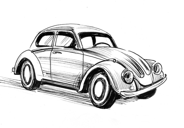 Coche retro europeo. Dibujo a tinta en blanco y negro