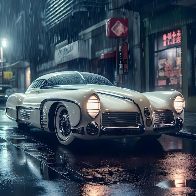 Coche retro futurista al estilo de los años 50 en la calle bajo la lluvia