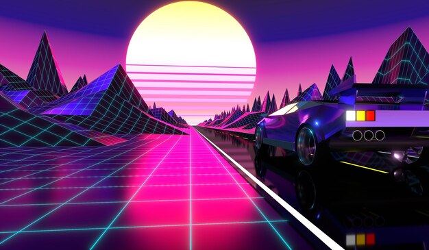 Coche retro futurista en una carretera con sol y montañas en segundo plano.