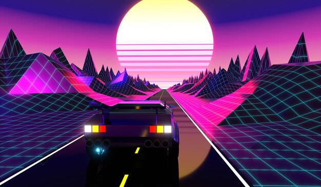 Coche retro futurista en una carretera con sol y montañas en segundo plano.