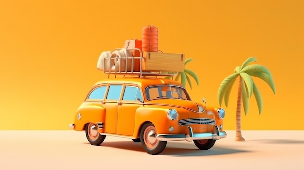 Coche retro con maletas de tabla de surf y palmeras concepto de vacaciones de verano