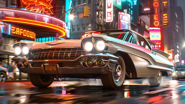 Un coche retro plateado conduce por una concurrida calle de la ciudad por la noche las luces de la ciudad se reflejan en las ventanas de los coches