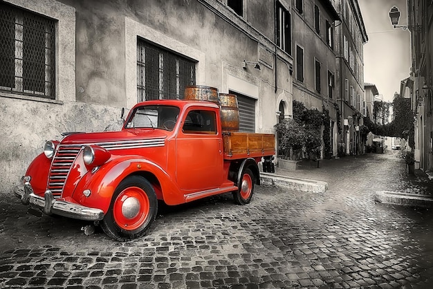 Coche retro rojo en la calle de Trastevere en Roma, Italia