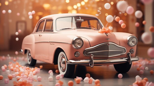 Coche retro rosa pintado a mano con globos y regalos