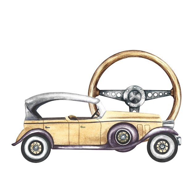 Coche retro vintage en color ocre volante de coche retro de madera ilustración en acuarela