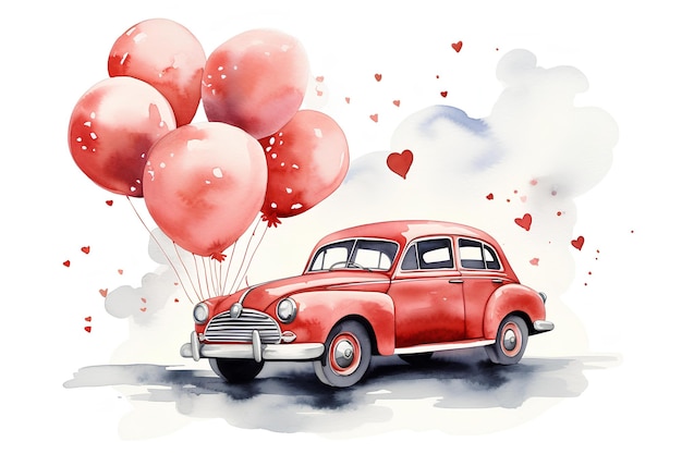 Coche retro vintage con globos de colores en ilustración acuarela