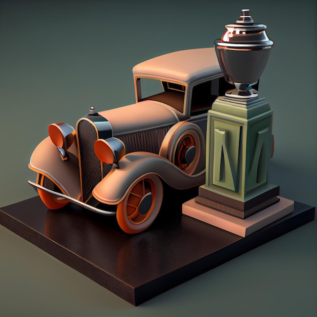 Coche retro vintage en el pedestal ilustración 3D