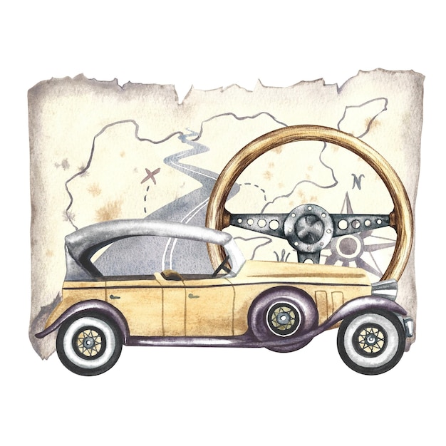 Foto coche retro y volante en el fondo de una carretera y una ilustración de acuarela de un antiguo mapa