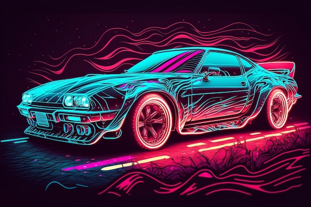 Coche retrofuturista Synthwave en un mundo Cyberpunk IA generativa