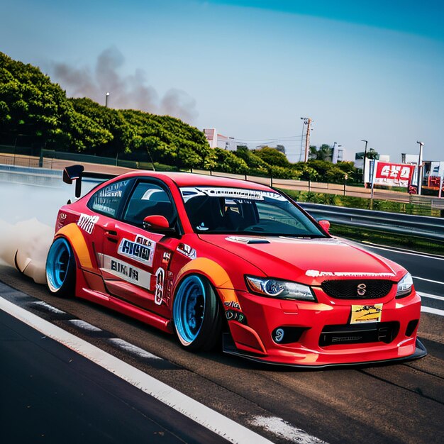 Un coche rojo y amarillo con mucho humo saliendo de su tubo de escape en una pista con árboles en th