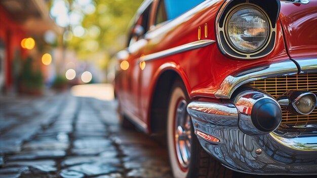 Un coche rojo antiguo estacionado en una calle de adoquines que muestra el encanto de una época pasada