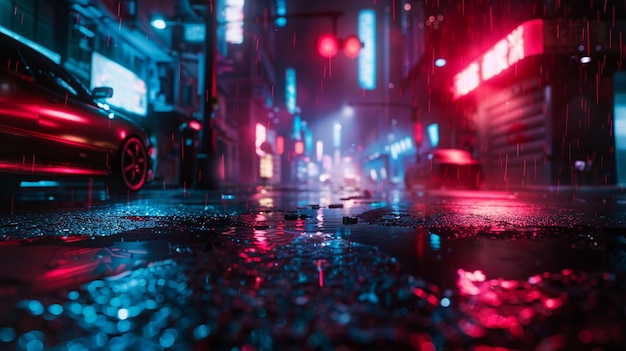 El coche rojo de la calle Rainy City es un concepto tecnológico futurista de Cyberpunk Neon Noir.