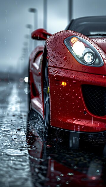 Foto un coche rojo está en el camino mojado con gotas de lluvia