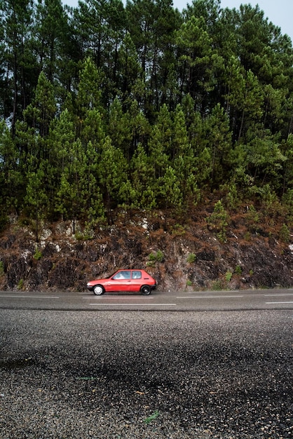 Coche rojo en la carretera contra los árboles