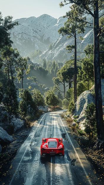 un coche rojo en una carretera con montañas en el fondo