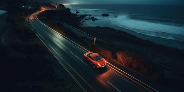 Un coche rojo en una carretera de noche con las luces encendidas.