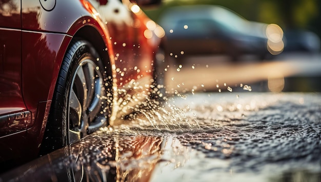 Coche rojo chapoteando a través de un charco en carretera mojada