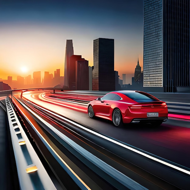 Un coche rojo circula por una autopista con el horizonte de la ciudad al fondo.