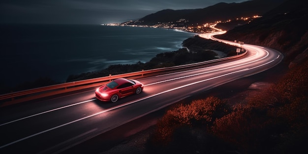 Un coche rojo circula por una carretera de noche.